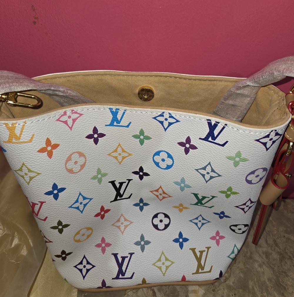 Multicolor Monogram White Canvas Mini Shoulder Bag/ With Pouch And Keychain